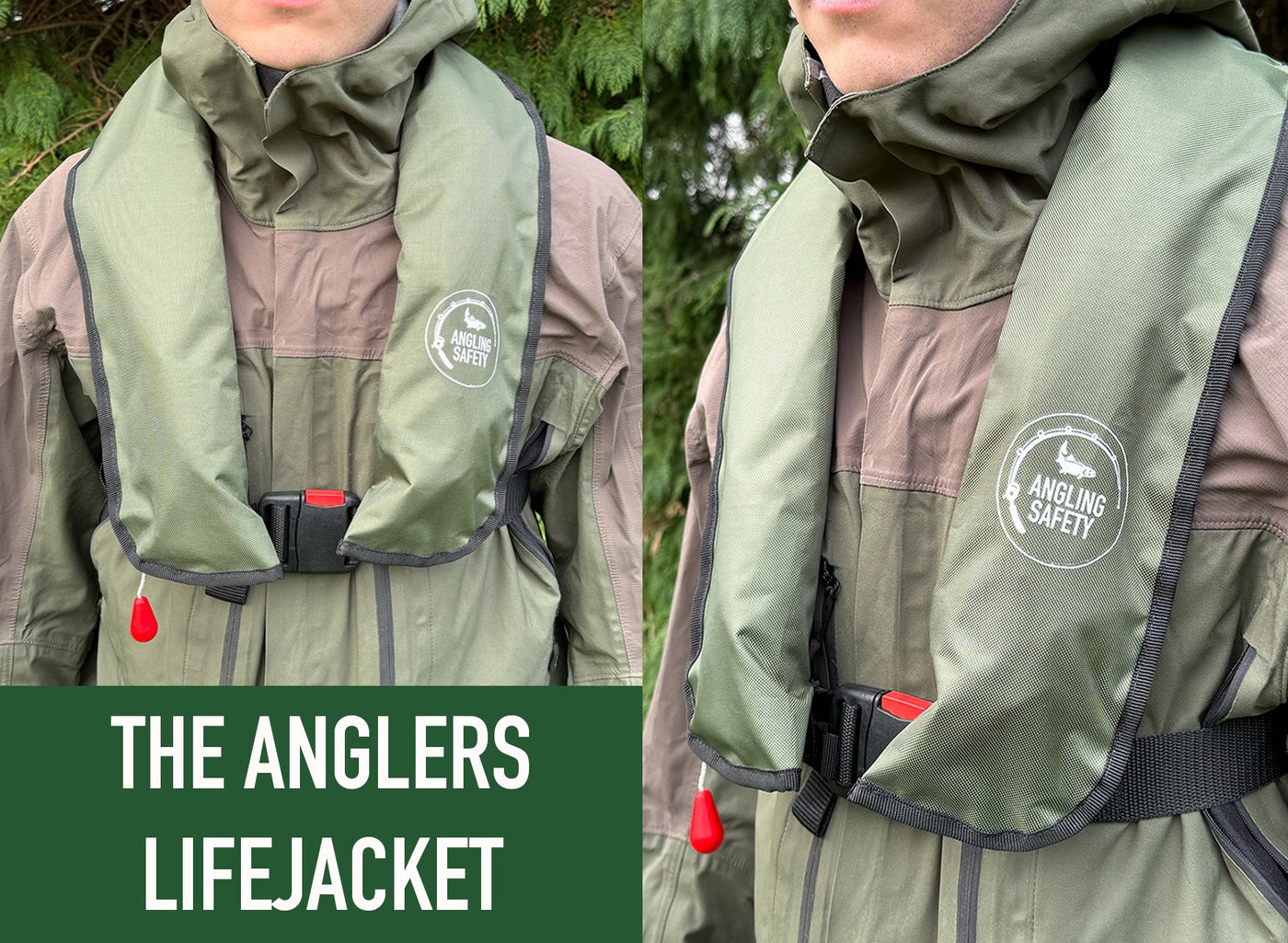 Anglers lifejacket worn by a person outdoors with a green background
