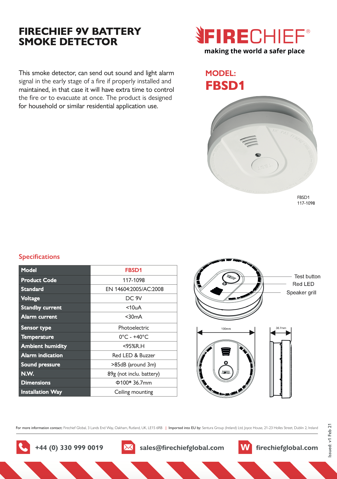 Fire Chief 9V Battery Optical Smoke Alarm